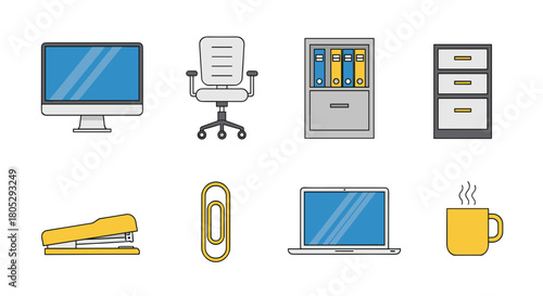 Illustration of office supplies including a computer chair filing cabinets and desk accessories items shown