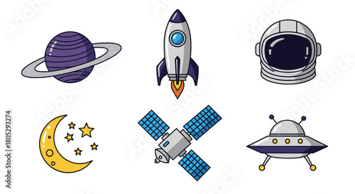 Illustration of a planet with rings, rocket, helmet, moon with stars, satellite and ufo in space theme