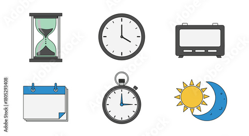Illustration featuring a diverse collection of time related objects and celestial bodies icons set up nicely