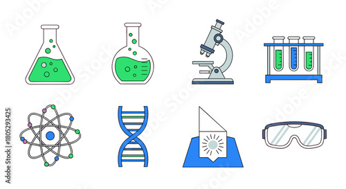 Illustration of science equipment including beakers microscope dna and other lab related items