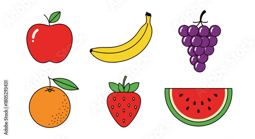 Illustration of six different types of fruits including apple banana grapes orange strawberry and watermelon