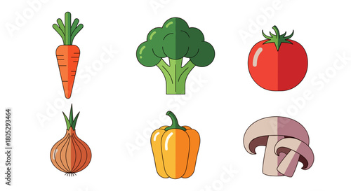 Illustration of six different vegetables including carrot broccoli tomato onion pepper and mushroom set