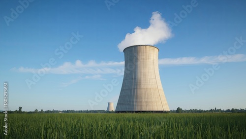 Coal plant cooling tower releasing subtle smoke, set against a blue sky with grassy foreground, minimal industrial composition, sharp photorealistic textures, perfect for energy-related visuals
