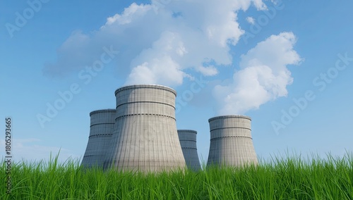 Cooling tower at a coal facility, faint smoke rising, green grass in foreground, clean minimal composition, clear sky, high-resolution textures, and professional industrial look