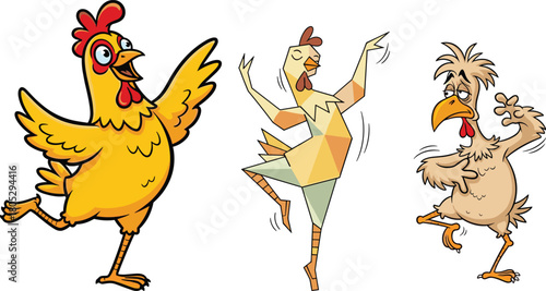 Funny cartoon chickens dancing in different styles, humorous poultry characters performing poses, playful farm bird illustrations for animation and design