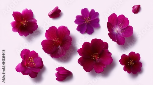 A collection of vibrant pink flowers scattered artistically on a soft background. Each flower displays unique shapes and shades. Perfect for nature themes, decor, or design projects. AI