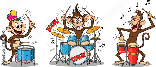 Funny cartoon monkeys playing drums and percussion instruments, energetic musical characters creating lively rhythm, vibrant illustration for entertainment and music themes