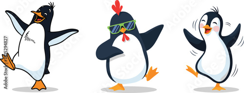 Funny dancing penguins cartoon characters, cute arctic birds illustration, playful animal poses, cheerful wildlife artwork, entertaining winter-themed design for kids and animation