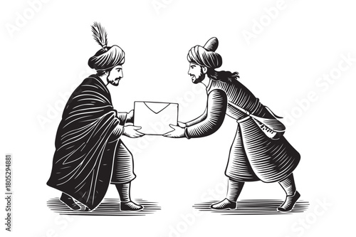 Two men in traditional attire exchange a document or gift