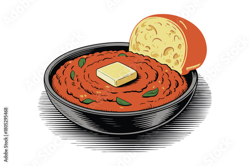 Hearty bowl of indian dal with butter and bread slice