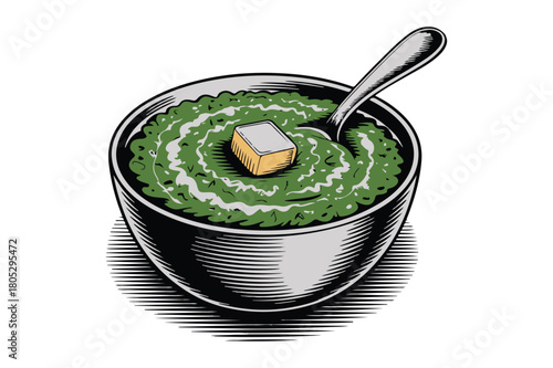 Hand drawn illustration of creamy green soup with crouton and spoon