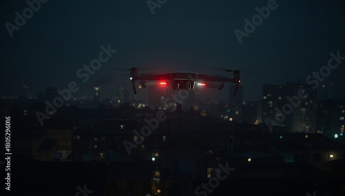 Nighttime scene featuring a Shahed drone flying low above a dark city skyline, with silhouettes of apartments, glowing windows, scattered lights, and subtle haze creating a tense, dramatic atmosphere