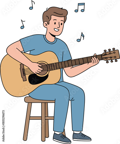 Young man playing acoustic guitar on stool, musician performing music, casual guitarist illustration, musical notes, hobby entertainment, creative lifestyle artwork