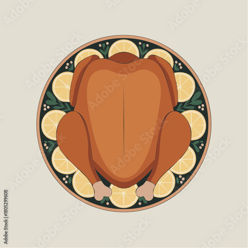 Roast turkey with lemon slices and herbs on plate top view vector