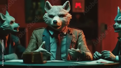 Wolfpack Syndicate: Businessmen in Animal Masks Engaging in Serious Negotiation