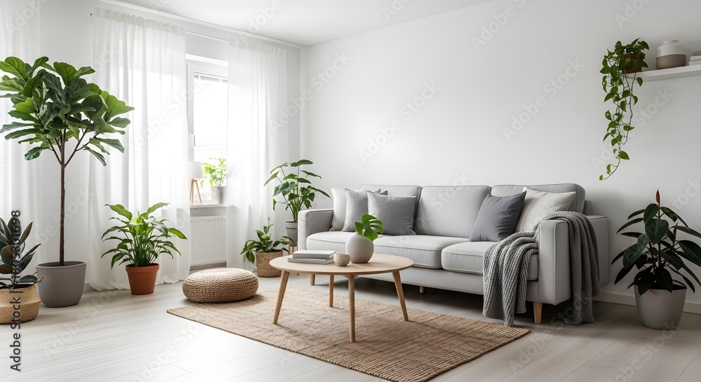 Fototapeta premium Elegant modern living room with natural light and lush houseplants creates a calming and inviting space for relaxation and mindful living today