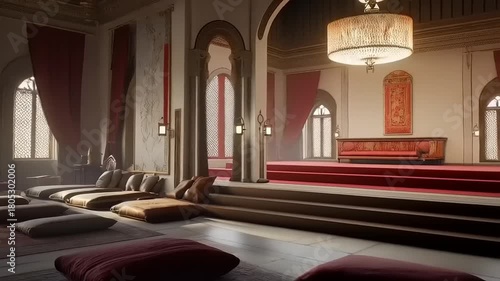 Majestic Moroccan Interior: Grand Hall with Arches and Pillows for Tranquil Relaxation