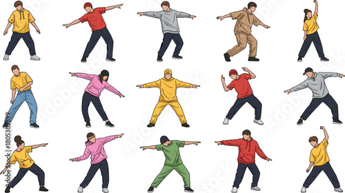 Fotografija Collection of fifteen young men and women dancing in streetwear hoodies and baggy pants flat vector illustration set