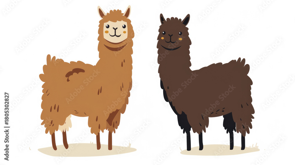 Naklejka premium Cute cartoon alpacas with fluffy wool isolated on light background
