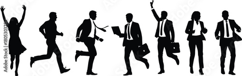 Fotografija Set of active business people silhouettes running rushing and celebrating success isolated on white background vector illustration