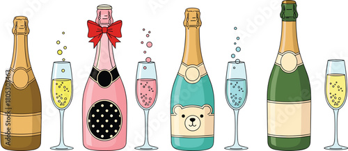 Fotografija Set of four colorful champagne bottles and matching glasses with bubbles flat vector illustration isolated on white background
