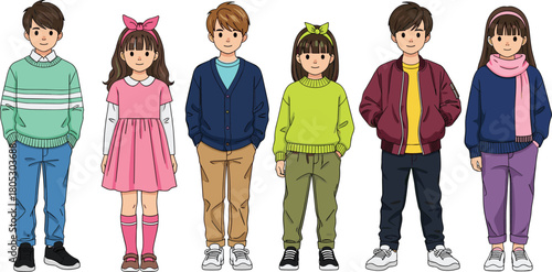 Slika na platnu Set of six cute young boys and girls characters standing in a row wearing casual fashion outfits flat vector illustration