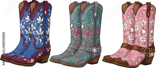 Fotografija Set of three pairs of colorful floral western cowboy boots with embroidery and studs flat vector illustration isolated on white