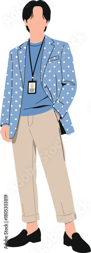 Slika na platnu Stylish young man standing wearing blue polka dot blazer and ID badge flat vector illustration isolated on white background
