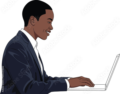 Valokuva Young African American business man in suit typing on laptop computer while smiling isolated on white background vector illustration