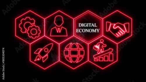 Digital Economy Concept with Neon Icons and Hexagonal Grid on Black Background image photo