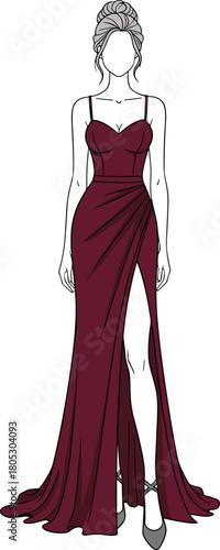 Slika na platnu Young woman model standing in elegant maroon evening gown with high leg slit fashion flat vector illustration