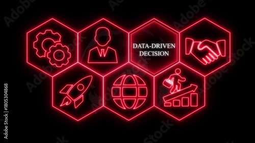 Data- Driven Decision Concept with Neon Icons and Hexagonal Grid on Black Background data driven decision