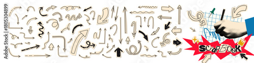 Collage elements set, cut out of paper hand drawn doodle arrows collection. Grunge clipping funky elements for scrapbook. Vector illustration isolated on transparent background