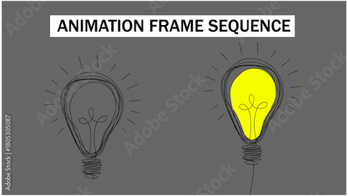 4K Hand-Drawn Light Bulb Glow FX Animation. 2D Vector Frame-by-Frame Illumination Sequence. Cartoon Bulb Turning On with Glowing Rays, Doodle-Style Bright Idea Concept for Motion Graphics.