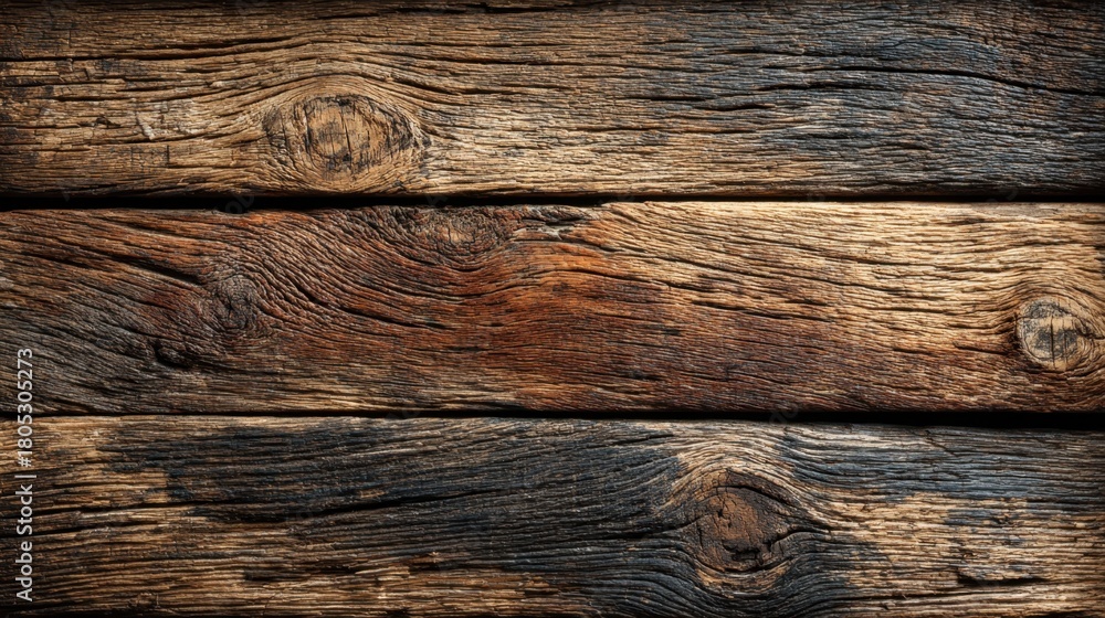 Naklejka premium Old brown grunge wooden boards with dark textured surface and teak wood paneling creating a rustic top view