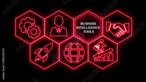Business Intelligence Tools Concept with Neon Icons and Hexagonal Grid on Black Background image photo