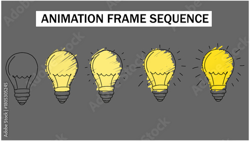 4K Hand-Drawn Light Bulb Glow FX Animation. 2D Vector Frame-by-Frame Illumination Sequence. Cartoon Bulb Turning On with Glowing Rays, Doodle-Style Bright Idea Concept for Motion Graphics.