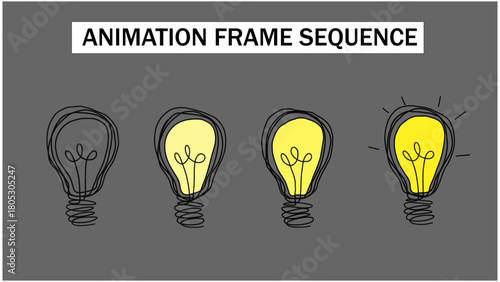 4K Hand-Drawn Light Bulb Glow FX Animation. 2D Vector Frame-by-Frame Illumination Sequence. Cartoon Bulb Turning On with Glowing Rays, Doodle-Style Bright Idea Concept for Motion Graphics.