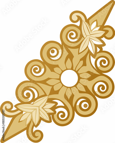 Rich golden abstract corner element featuring elaborate swirls and layered star-like floral motifs.