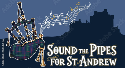 Celebrate Scottish heritage with bagpipes and music flowing towards a castle, ideal for St Andrew's Day promotions and cultural events worldwide