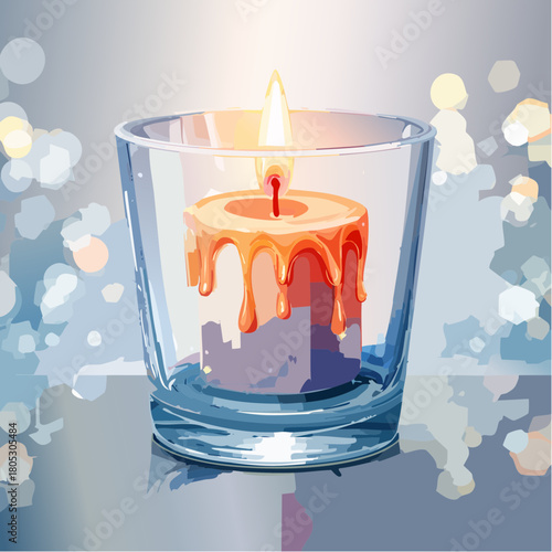A captivating digital illustration of a glowing candle in a glass holder, its gentle flame illuminating a warm and peaceful ambiance, perfect for creating a serene and comforting mood