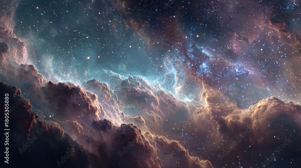 Fototapeta premium Spectacular colorful nebula background with stars, dust clouds, and galactic formation for stock market use, a high-quality realistic rendering