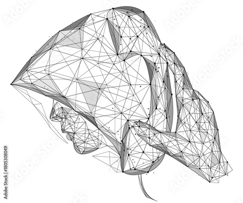 A hooded scammer peeking out of a phone receiver. The concept of blocking spam calls and number substitution. Polygonal design, white background.
