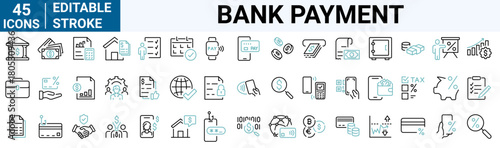 Bank and payment web line icons collection. cash, saving, financial goal, profit. Editable stroke. Vector illustration