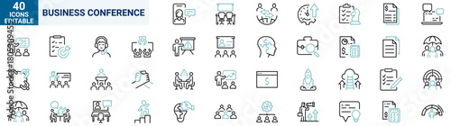 Business Conference web line icons. Meeting icon set of web in line style. Webinar icons Related to teamwork, interview, online meeting, discussion and more.