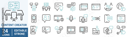 Set Content Creator line web icons, media. Linear icon collection. Editable stroke. Vector illustration