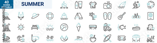 Set of 40 Summer icons. Vacation and beach web icons in line style. Travel, holiday, tourism, hotel, passport, maps, landscape, camera. Icon collection. Vector illustration.