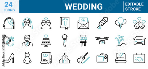 Set of 24 outline icons related to wedding. Linear icon collection. Editable stroke. Vector illustration
