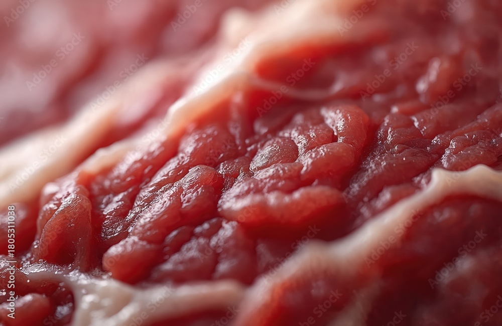 Obraz premium Raw red meat texture macro view. Close up of marbled beef sirloin or pork loin with fat. Food ingredient for cooking or grilling meals. Uncooked protein slice.