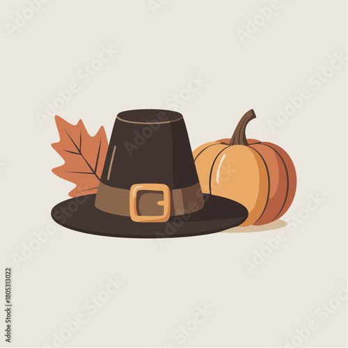 Pilgrim Hat with Pumpkin and Autumn Leaf Vector Illustration